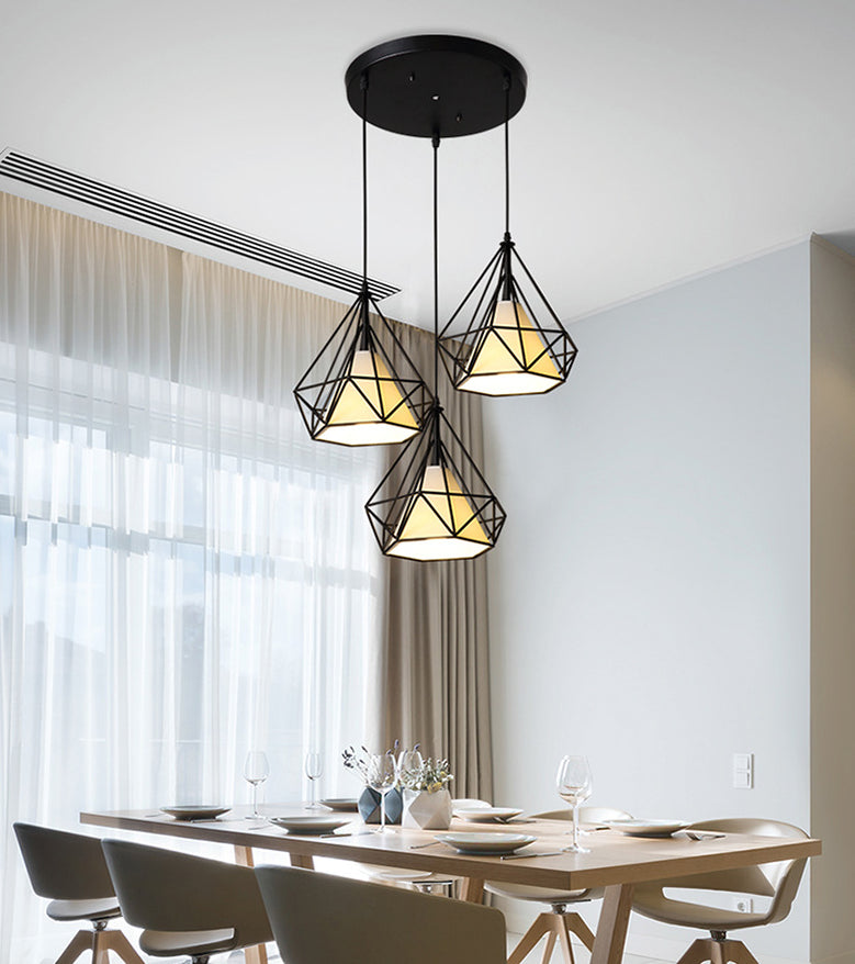 3 Lights Diamond Cage Pendant Industrial Iron Ceiling Pendant with Hanging Cord for Bar Clearhalo 'Ceiling Lights' 'Pendant Lights' 'Pendants' Lighting' 2618269