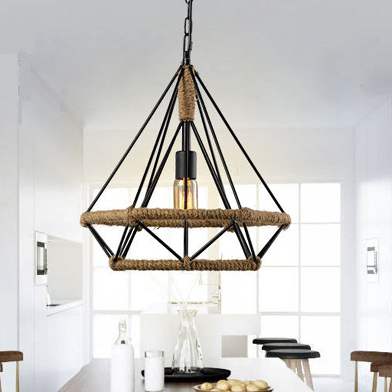 1 Light Diamond Cage Hanging Ceiling Lights Creative Industrial Metal Pendant Light Fixtures for Restaurant Clearhalo 'Ceiling Lights' 'Pendant Lights' 'Pendants' Lighting' 2618294