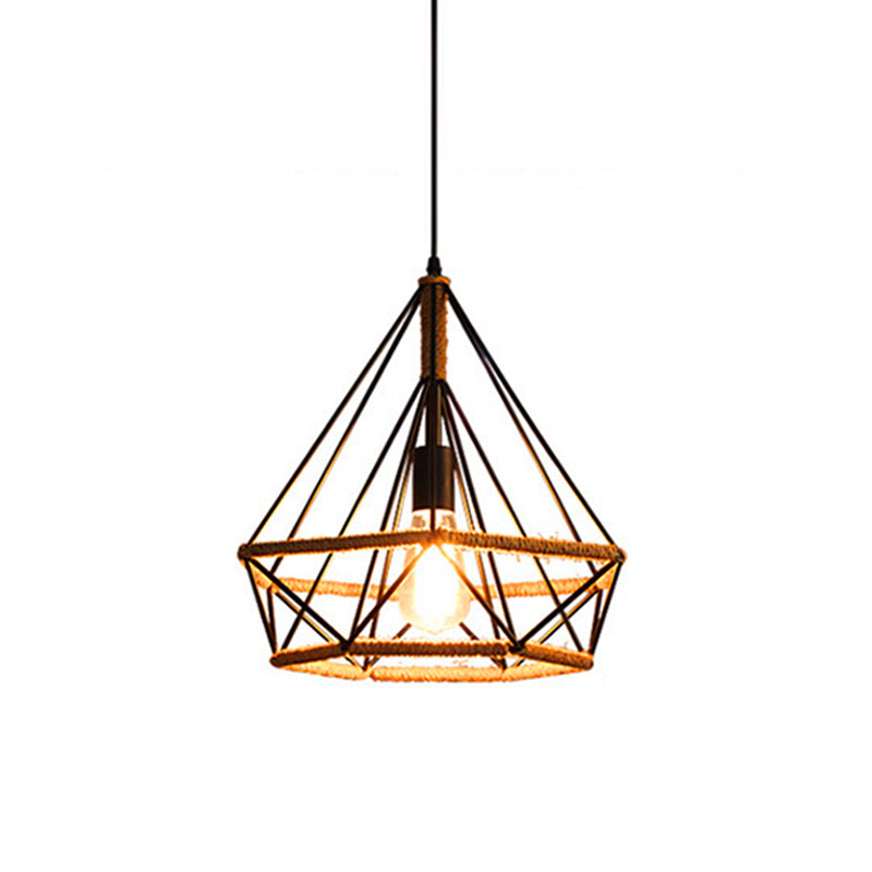 1 Light Diamond Cage Hanging Ceiling Lights Creative Industrial Metal Pendant Light Fixtures for Restaurant Clearhalo 'Ceiling Lights' 'Pendant Lights' 'Pendants' Lighting' 2618295