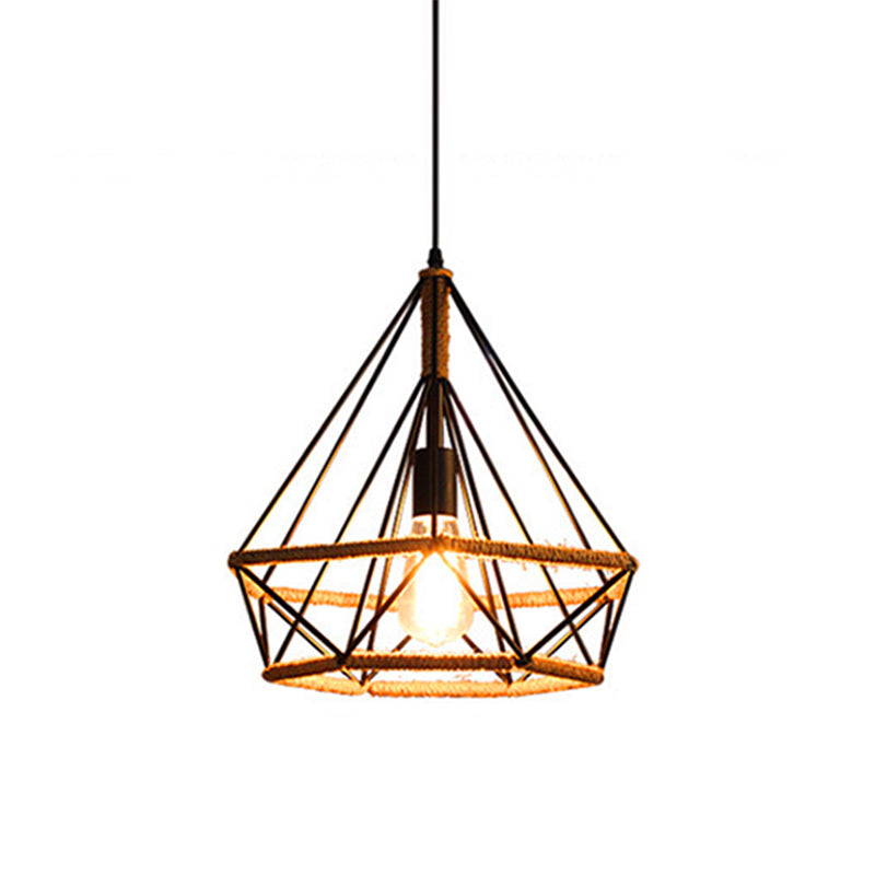 1 Light Diamond Cage Hanging Ceiling Lights Creative Industrial Metal Pendant Light Fixtures for Restaurant Clearhalo 'Ceiling Lights' 'Pendant Lights' 'Pendants' Lighting' 2618296