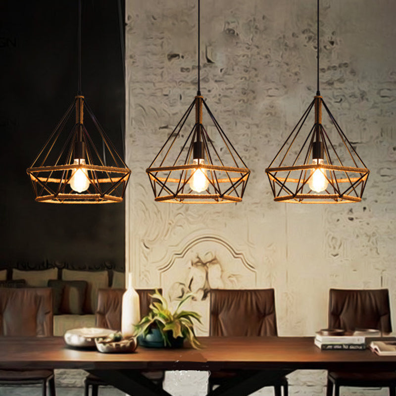 1 Light Diamond Cage Hanging Ceiling Lights Creative Industrial Metal Pendant Light Fixtures for Restaurant Clearhalo 'Ceiling Lights' 'Pendant Lights' 'Pendants' Lighting' 2618297