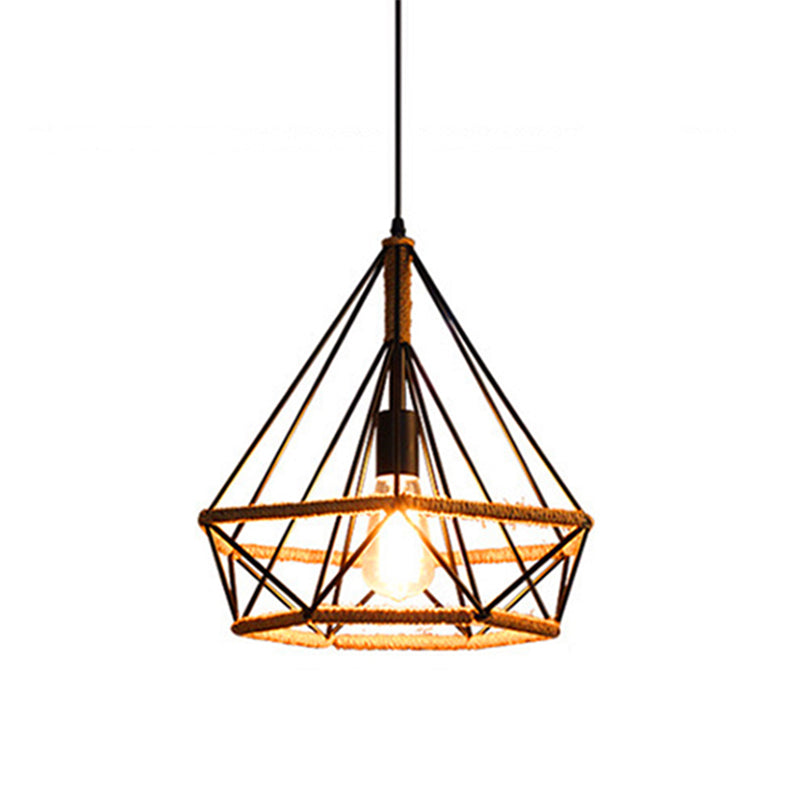 1 Light Diamond Cage Hanging Ceiling Lights Creative Industrial Metal Pendant Light Fixtures for Restaurant Clearhalo 'Ceiling Lights' 'Pendant Lights' 'Pendants' Lighting' 2618298