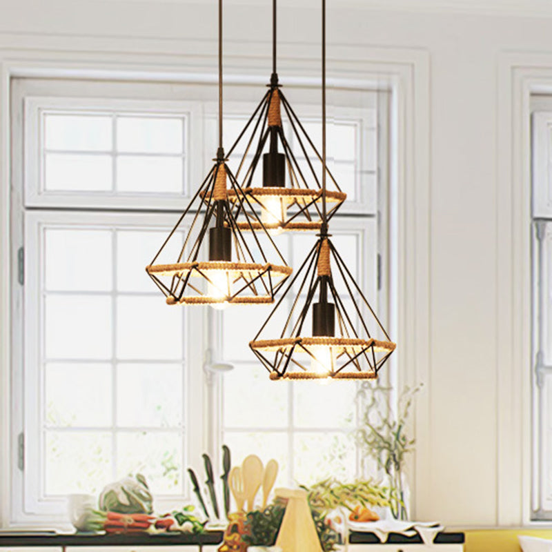 1 Light Diamond Cage Hanging Ceiling Lights Creative Industrial Metal Pendant Light Fixtures for Restaurant Clearhalo 'Ceiling Lights' 'Pendant Lights' 'Pendants' Lighting' 2618299