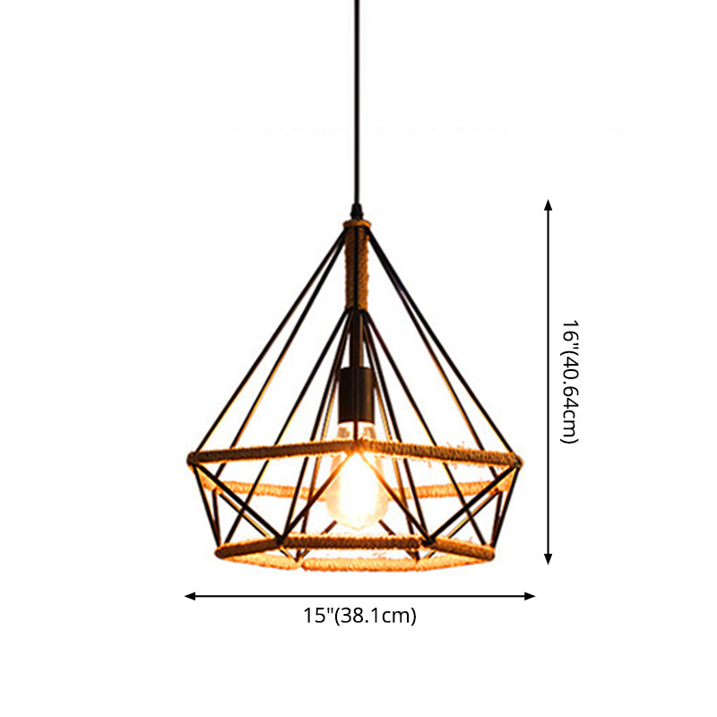 1 Light Diamond Cage Hanging Ceiling Lights Creative Industrial Metal Pendant Light Fixtures for Restaurant Clearhalo 'Ceiling Lights' 'Pendant Lights' 'Pendants' Lighting' 2618303