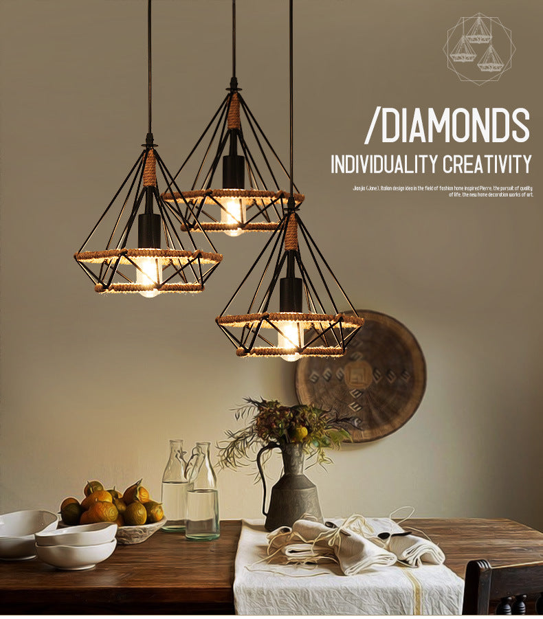 1 Light Diamond Cage Hanging Ceiling Lights Creative Industrial Metal Pendant Light Fixtures for Restaurant Clearhalo 'Ceiling Lights' 'Pendant Lights' 'Pendants' Lighting' 2618306