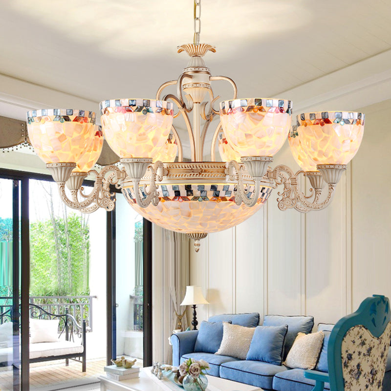 Shell White Chandelier Bell Shade Mediterranean Suspension Lighting for Living Room Clearhalo 'Ceiling Lights' 'Chandeliers' Lighting' 2618385