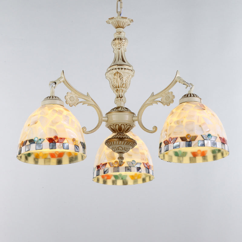 Shell White Chandelier Bell Shade Mediterranean Suspension Lighting for Living Room 3 White Down Clearhalo 'Ceiling Lights' 'Chandeliers' Lighting' 2618386