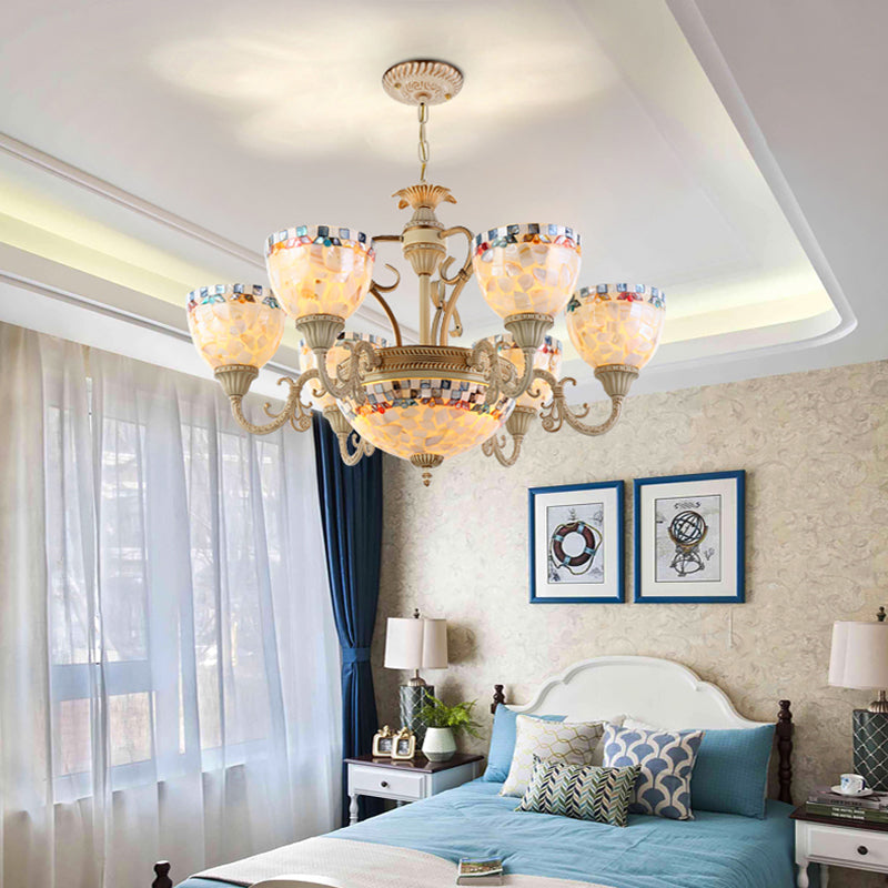 Shell White Chandelier Bell Shade Mediterranean Suspension Lighting for Living Room Clearhalo 'Ceiling Lights' 'Chandeliers' Lighting' 2618387