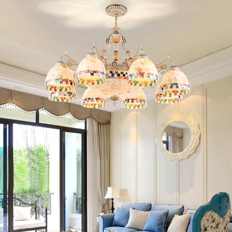 Shell White Chandelier Bell Shade Mediterranean Suspension Lighting for Living Room Clearhalo 'Ceiling Lights' 'Chandeliers' Lighting' 2618393