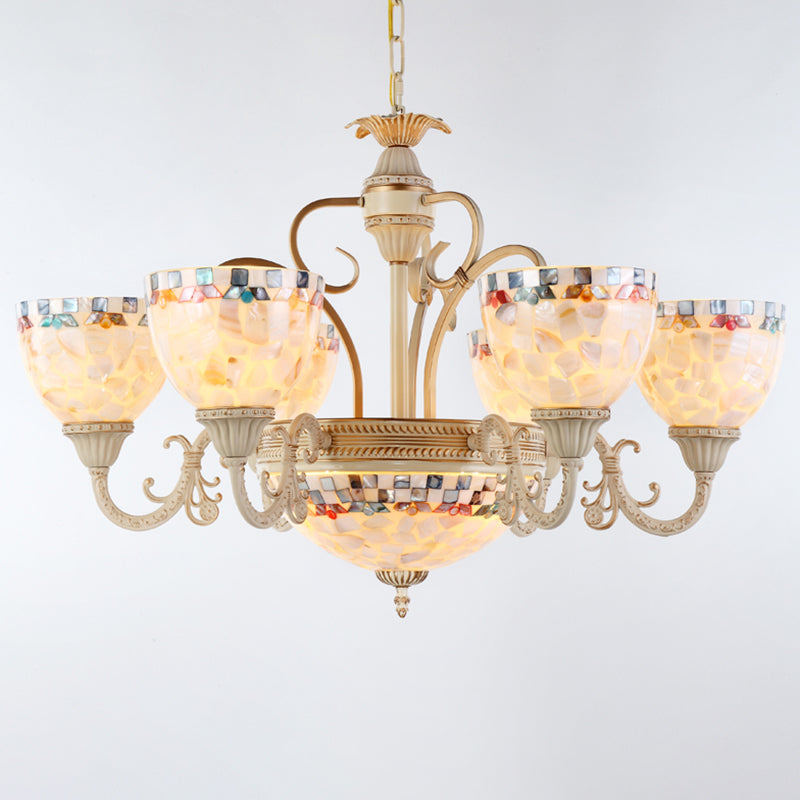 Shell White Chandelier Bell Shade Mediterranean Suspension Lighting for Living Room 9 White Up Clearhalo 'Ceiling Lights' 'Chandeliers' Lighting' 2618397