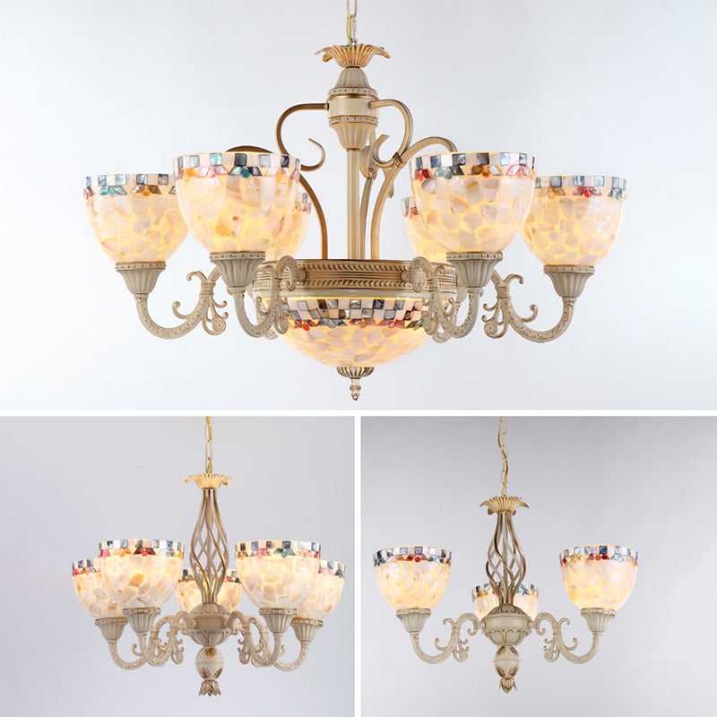 Shell White Chandelier Bell Shade Mediterranean Suspension Lighting for Living Room Clearhalo 'Ceiling Lights' 'Chandeliers' Lighting' 2618400