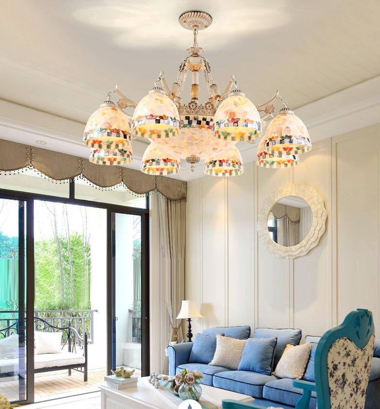 Shell White Chandelier Bell Shade Mediterranean Suspension Lighting for Living Room Clearhalo 'Ceiling Lights' 'Chandeliers' Lighting' 2618406