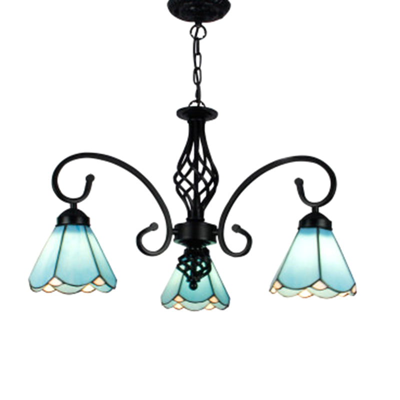 Vintage Floral Chandelier Light Handcrafted Stained Glass Hanging Light for Hall 3 Blue Clearhalo 'Ceiling Lights' 'Chandeliers' Lighting' 2618408