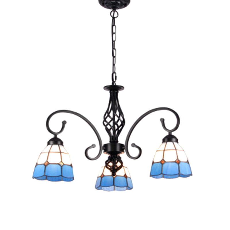 Vintage Floral Chandelier Light Handcrafted Stained Glass Hanging Light for Hall 3 Blue-White Clearhalo 'Ceiling Lights' 'Chandeliers' Lighting' 2618409