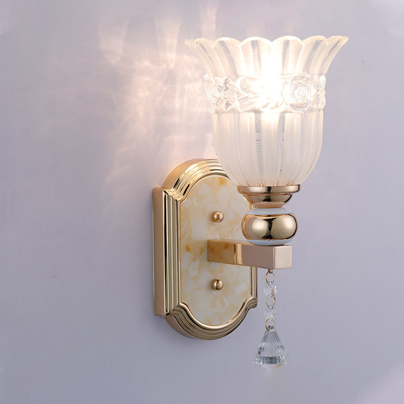 Frosted Glass Floral Wall Sconce Lamp Country Style 1 Bulb Gold Finish Wall Lighting Fixture for Corridor Gold Clearhalo 'Modern wall lights' 'Modern' 'Wall Lamps & Sconces' 'Wall Lights' Lighting' 261841