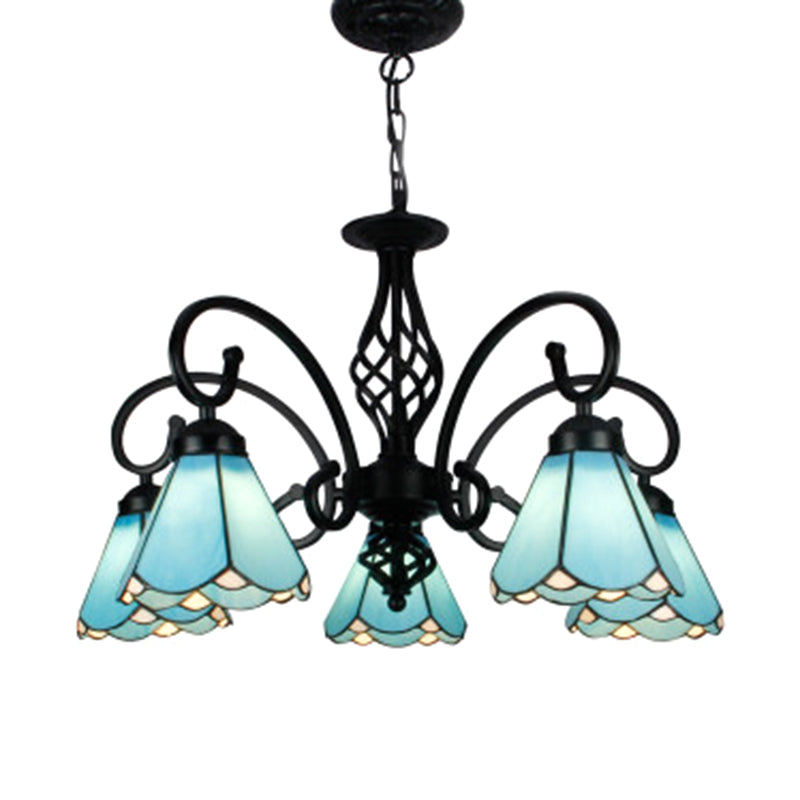 Vintage Floral Chandelier Light Handcrafted Stained Glass Hanging Light for Hall 5 Blue Clearhalo 'Ceiling Lights' 'Chandeliers' Lighting' 2618414