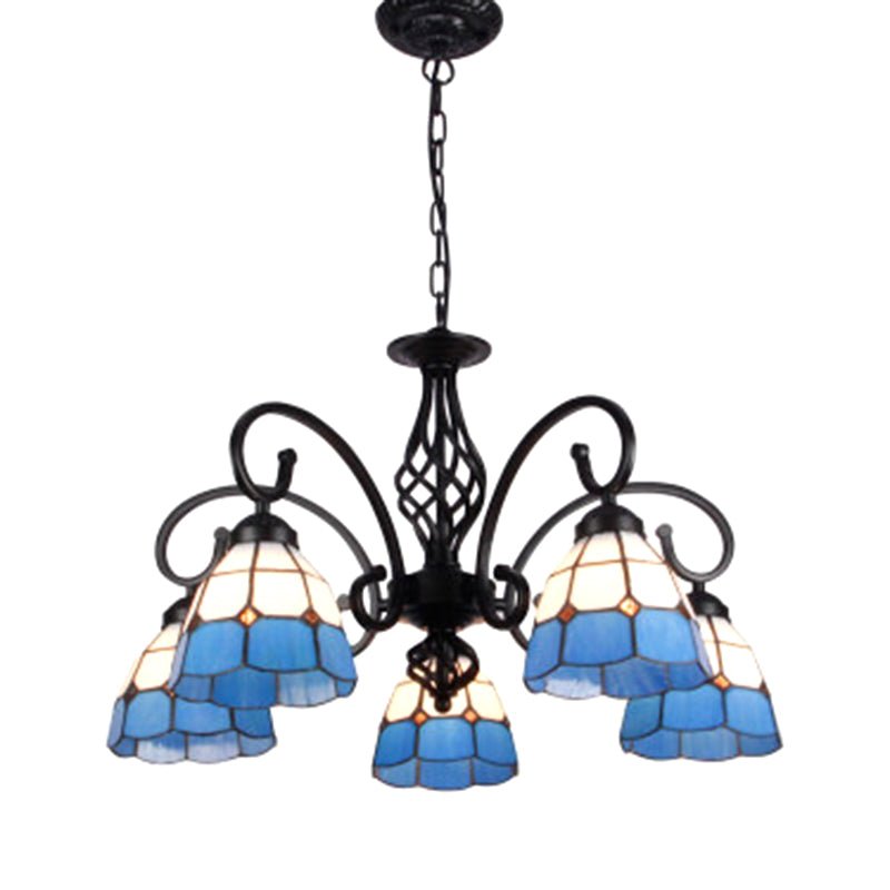 Vintage Floral Chandelier Light Handcrafted Stained Glass Hanging Light for Hall 5 Blue-White Clearhalo 'Ceiling Lights' 'Chandeliers' Lighting' 2618416