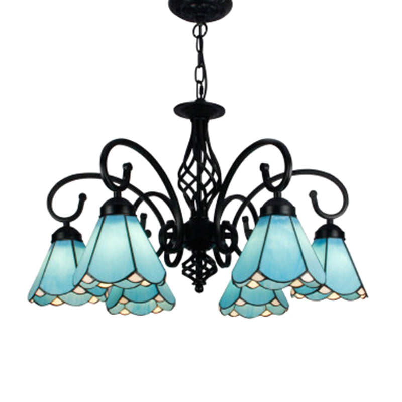 Vintage Floral Chandelier Light Handcrafted Stained Glass Hanging Light for Hall 6 Blue Clearhalo 'Ceiling Lights' 'Chandeliers' Lighting' 2618419