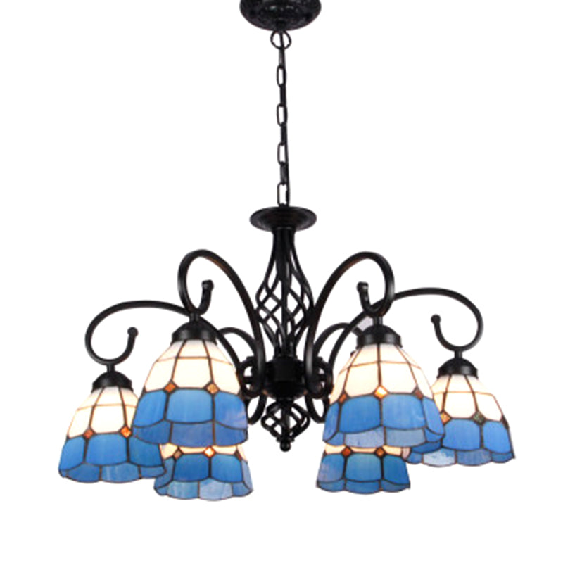 Vintage Floral Chandelier Light Handcrafted Stained Glass Hanging Light for Hall 6 Blue-White Clearhalo 'Ceiling Lights' 'Chandeliers' Lighting' 2618422