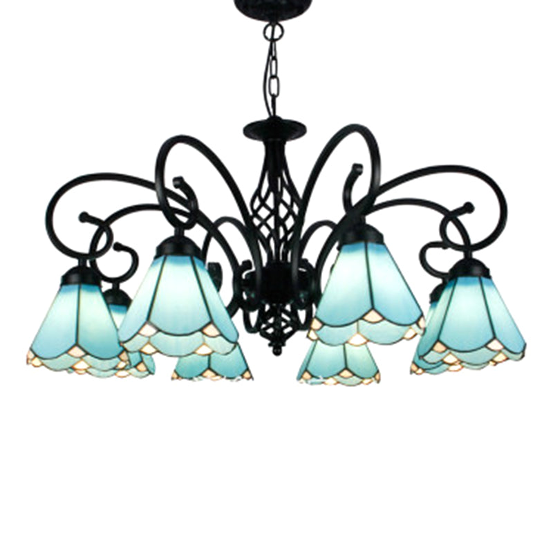 Vintage Floral Chandelier Light Handcrafted Stained Glass Hanging Light for Hall 8 Blue Clearhalo 'Ceiling Lights' 'Chandeliers' Lighting' 2618425