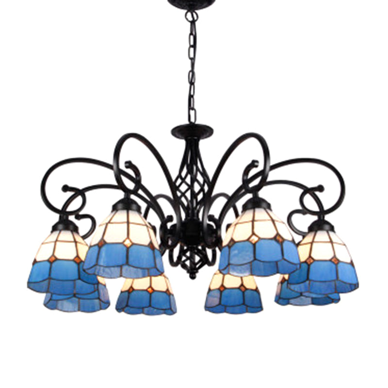 Vintage Floral Chandelier Light Handcrafted Stained Glass Hanging Light for Hall 8 Blue-White Clearhalo 'Ceiling Lights' 'Chandeliers' Lighting' 2618427