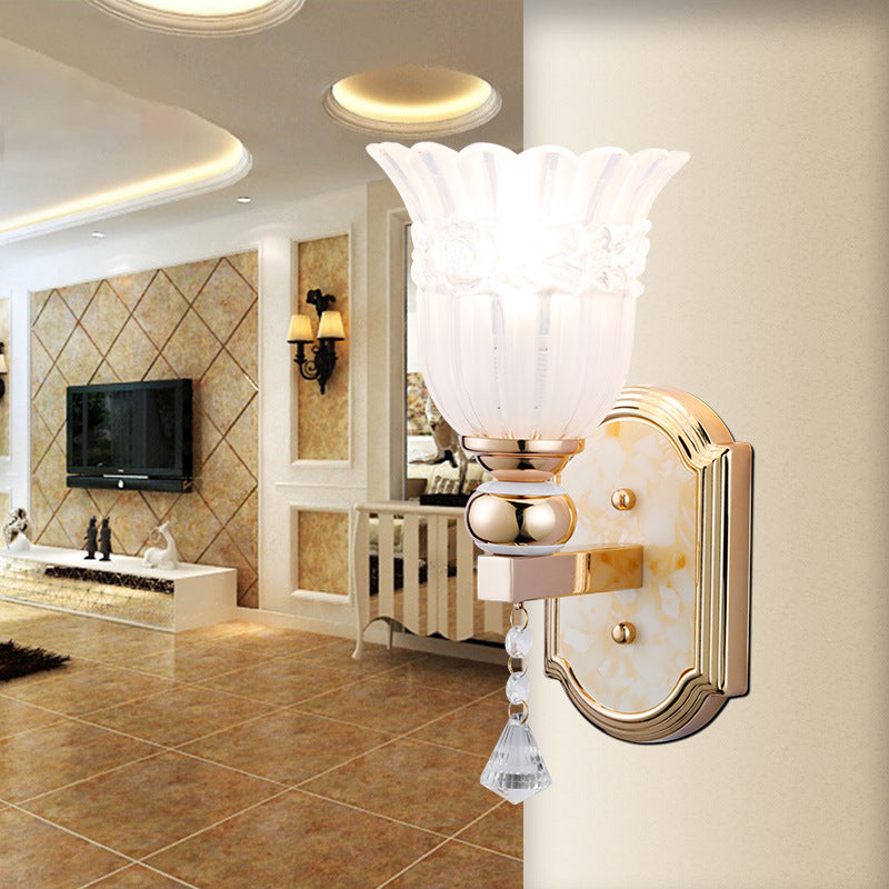 Frosted Glass Floral Wall Sconce Lamp Country Style 1 Bulb Gold Finish Wall Lighting Fixture for Corridor Clearhalo 'Modern wall lights' 'Modern' 'Wall Lamps & Sconces' 'Wall Lights' Lighting' 261843