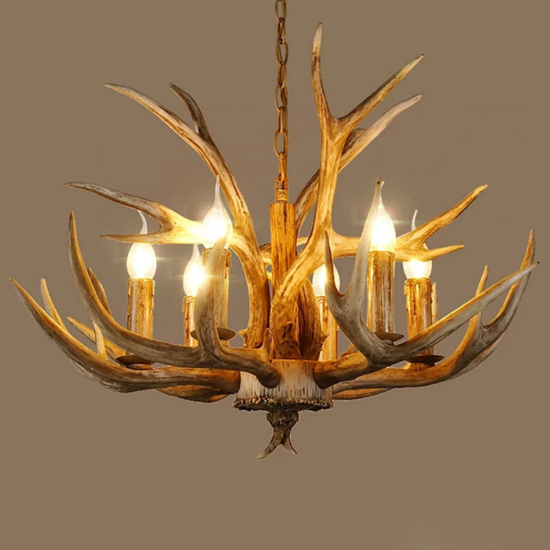 Wood Finish Antler Chandelier Lighting Rustic Resin Living Room Ceiling Suspension Lamp Clearhalo 'Ceiling Lights' 'Chandeliers' Lighting' 2618430