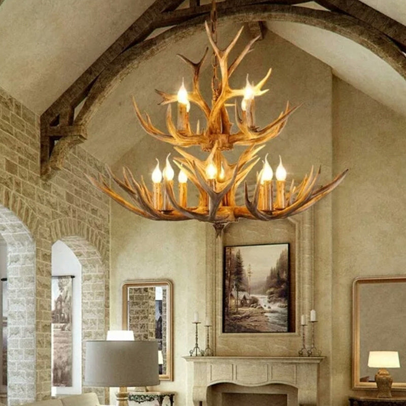 Wood Finish Antler Chandelier Lighting Rustic Resin Living Room Ceiling Suspension Lamp Clearhalo 'Ceiling Lights' 'Chandeliers' Lighting' 2618431