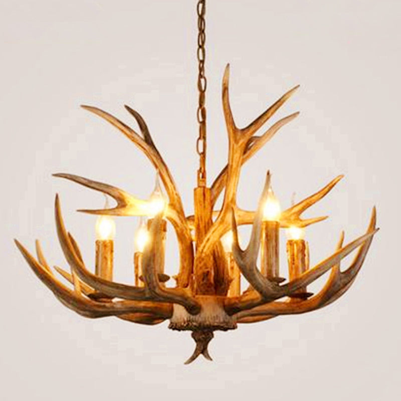 Wood Finish Antler Chandelier Lighting Rustic Resin Living Room Ceiling Suspension Lamp 6 Wood Clearhalo 'Ceiling Lights' 'Chandeliers' Lighting' 2618433