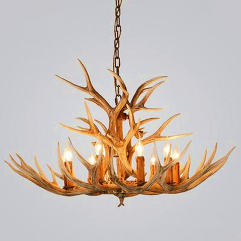 Wood Finish Antler Chandelier Lighting Rustic Resin Living Room Ceiling Suspension Lamp 9 Wood Clearhalo 'Ceiling Lights' 'Chandeliers' Lighting' 2618435