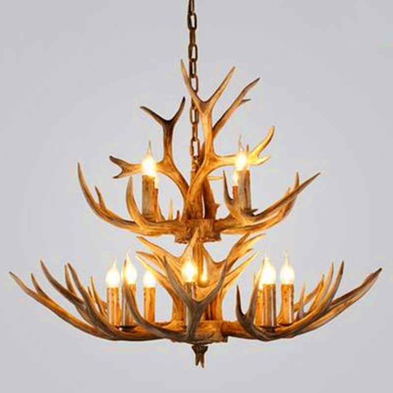 Wood Finish Antler Chandelier Lighting Rustic Resin Living Room Ceiling Suspension Lamp 12 Wood Clearhalo 'Ceiling Lights' 'Chandeliers' Lighting' 2618436