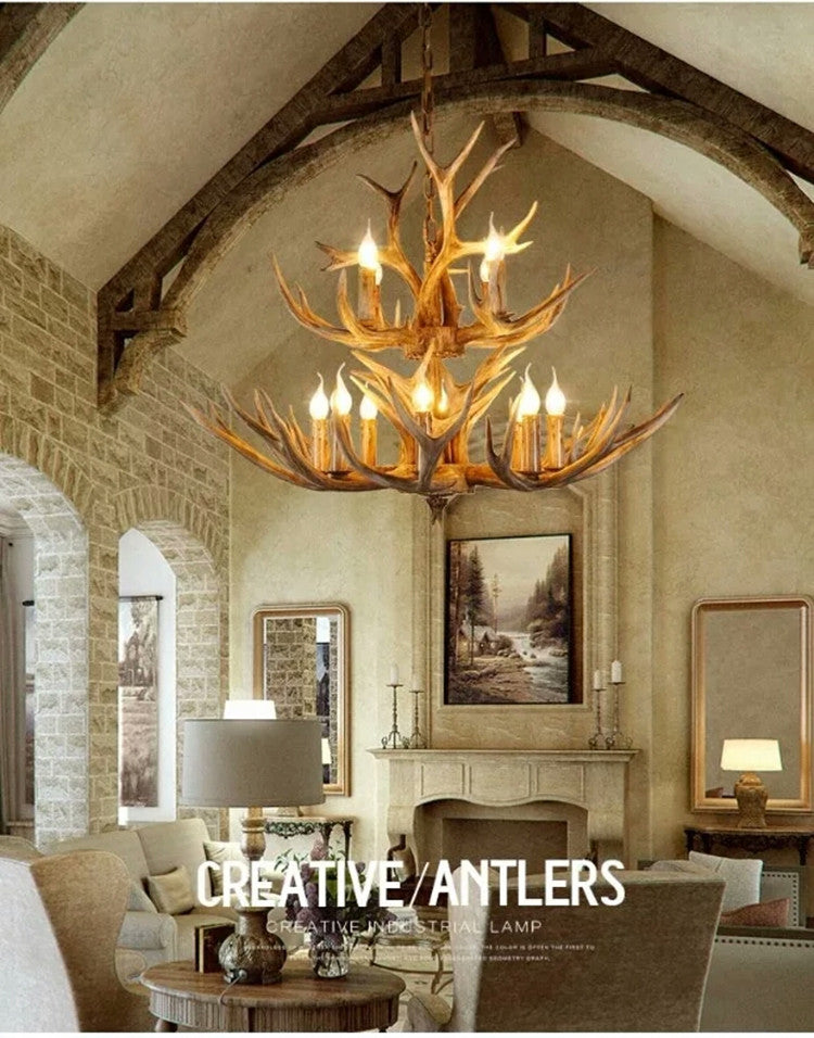 Wood Finish Antler Chandelier Lighting Rustic Resin Living Room Ceiling Suspension Lamp Clearhalo 'Ceiling Lights' 'Chandeliers' Lighting' 2618437