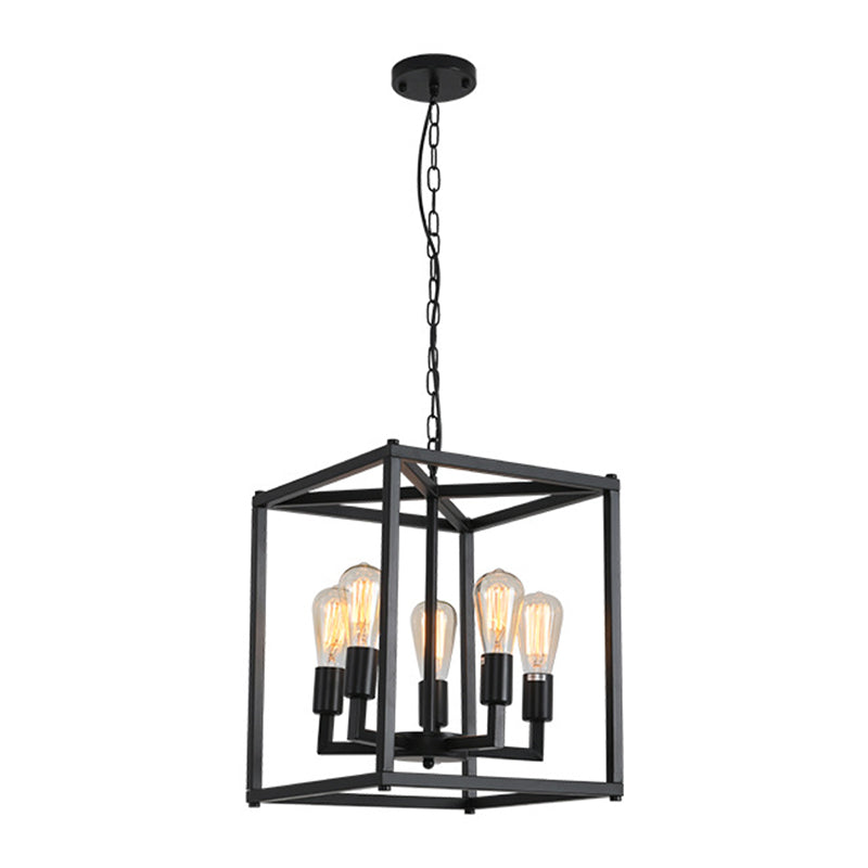 Black Cage Hanging Lamp Industrial Retro Metal Diner Pendant Chandelier in Square Shape Clearhalo 'Ceiling Lights' 'Chandeliers' Lighting' 2618439