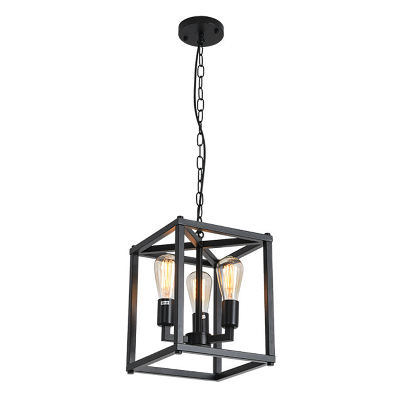 Black Cage Hanging Lamp Industrial Retro Metal Diner Pendant Chandelier in Square Shape 3 Black Clearhalo 'Ceiling Lights' 'Chandeliers' Lighting' 2618440