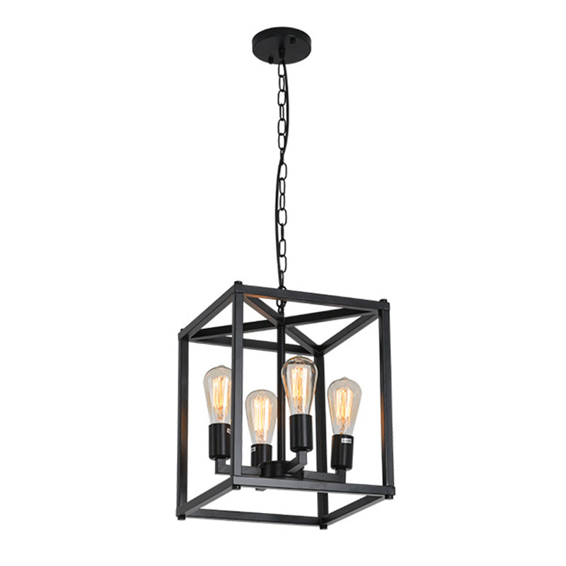 Black Cage Hanging Lamp Industrial Retro Metal Diner Pendant Chandelier in Square Shape 4 Black Clearhalo 'Ceiling Lights' 'Chandeliers' Lighting' 2618441