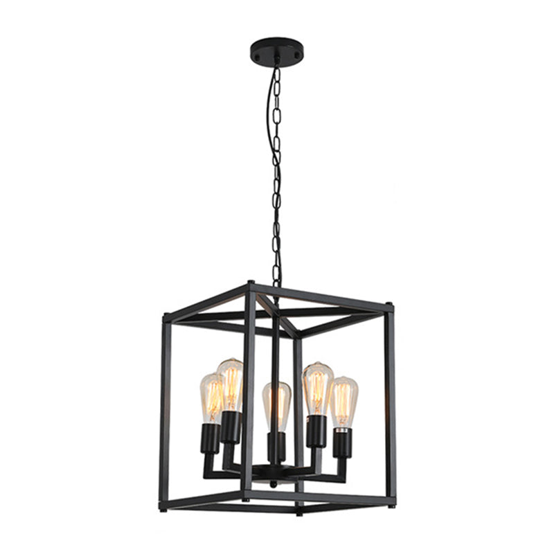 Black Cage Hanging Lamp Industrial Retro Metal Diner Pendant Chandelier in Square Shape 5 Black Clearhalo 'Ceiling Lights' 'Chandeliers' Lighting' 2618443