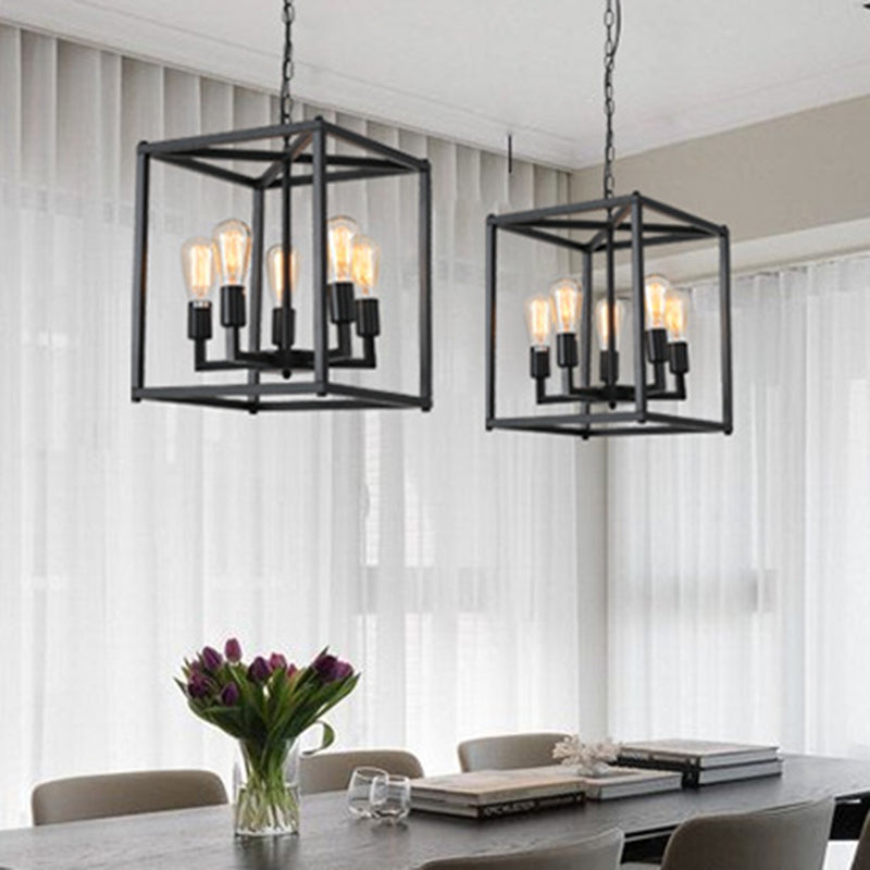 Black Cage Hanging Lamp Industrial Retro Metal Diner Pendant Chandelier in Square Shape Clearhalo 'Ceiling Lights' 'Chandeliers' Lighting' 2618444