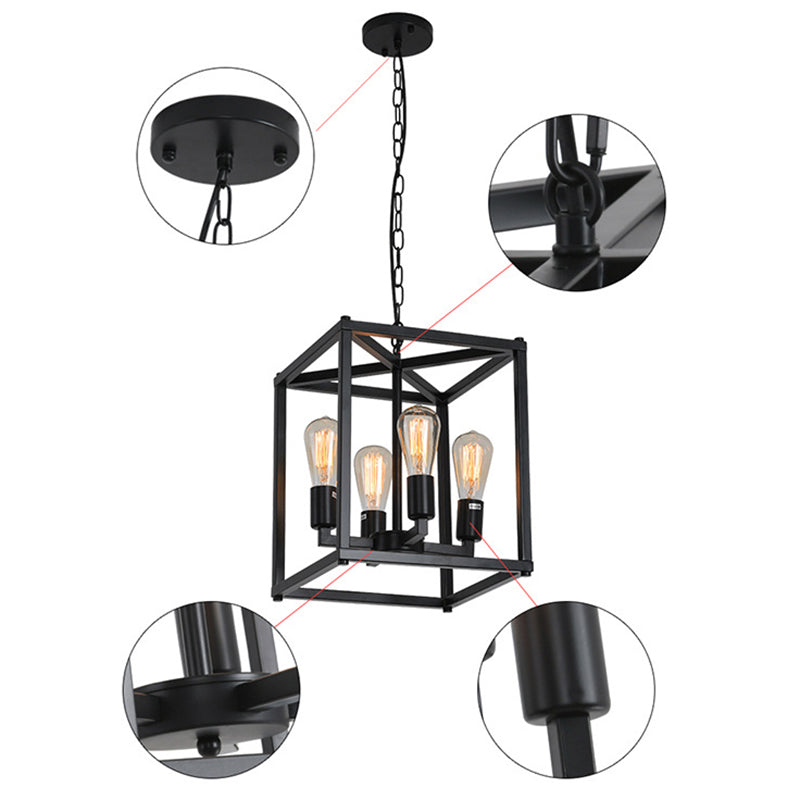 Black Cage Hanging Lamp Industrial Retro Metal Diner Pendant Chandelier in Square Shape Clearhalo 'Ceiling Lights' 'Chandeliers' Lighting' 2618446