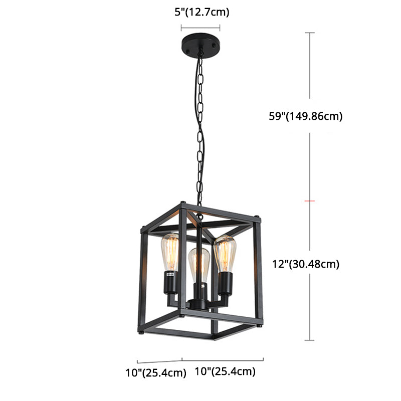 Black Cage Hanging Lamp Industrial Retro Metal Diner Pendant Chandelier in Square Shape Clearhalo 'Ceiling Lights' 'Chandeliers' Lighting' 2618447