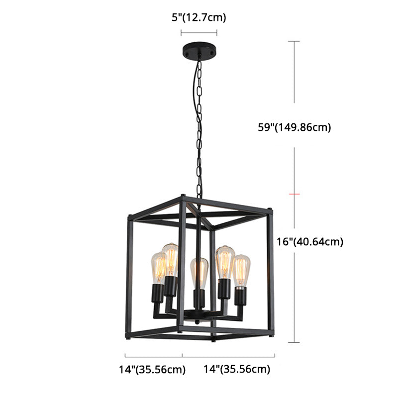 Black Cage Hanging Lamp Industrial Retro Metal Diner Pendant Chandelier in Square Shape Clearhalo 'Ceiling Lights' 'Chandeliers' Lighting' 2618449