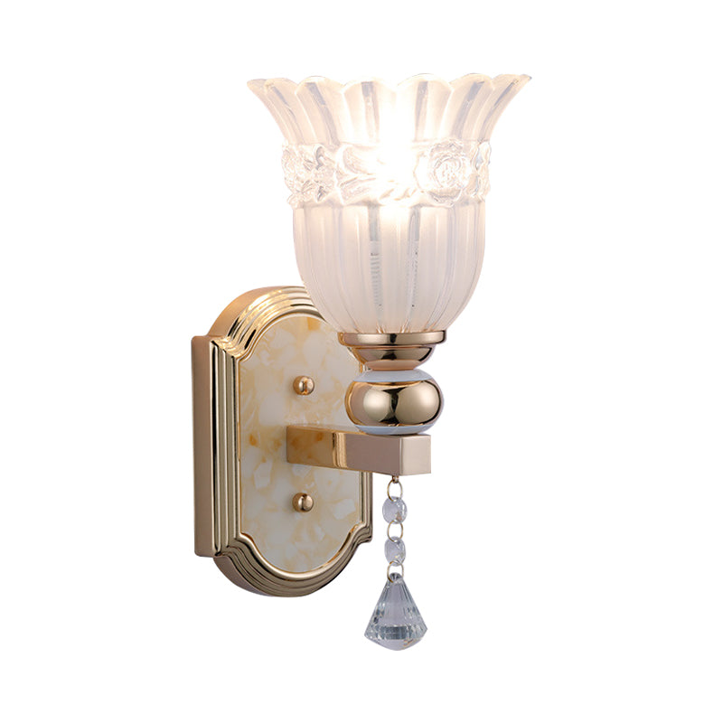 Frosted Glass Floral Wall Sconce Lamp Country Style 1 Bulb Gold Finish Wall Lighting Fixture for Corridor Clearhalo 'Modern wall lights' 'Modern' 'Wall Lamps & Sconces' 'Wall Lights' Lighting' 261845