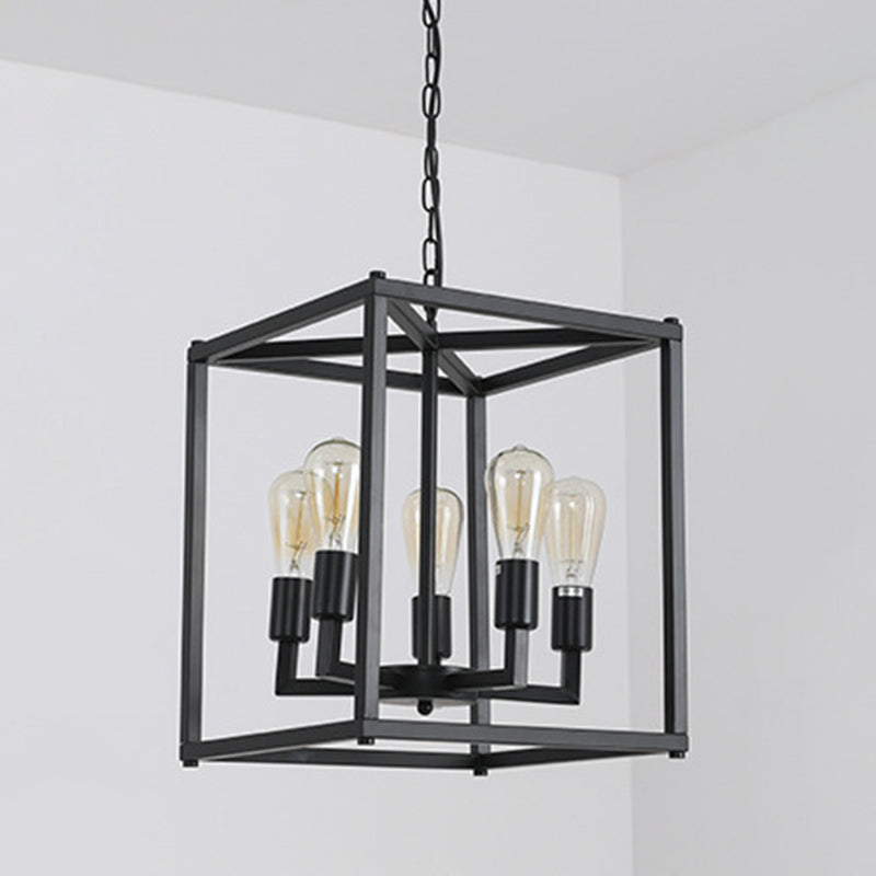 Black Cage Hanging Lamp Industrial Retro Metal Diner Pendant Chandelier in Square Shape Clearhalo 'Ceiling Lights' 'Chandeliers' Lighting' 2618450