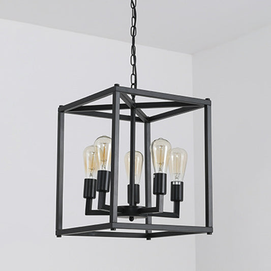 Black Cage Hanging Lamp Industrial Retro Metal Diner Pendant Chandelier in Square Shape Clearhalo 'Ceiling Lights' 'Chandeliers' Lighting' 2618450