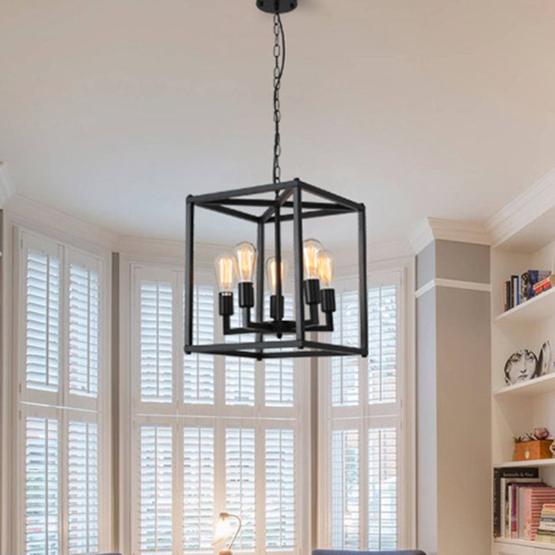 Black Cage Hanging Lamp Industrial Retro Metal Diner Pendant Chandelier in Square Shape Clearhalo 'Ceiling Lights' 'Chandeliers' Lighting' 2618452