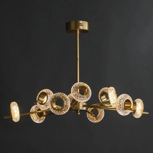 Crackled Crystal Glass Rings Pendant Lighting Postmodern Brass Finish Chandelier for Diner 12 Brass Clearhalo 'Ceiling Lights' 'Chandeliers' Lighting' 2618461