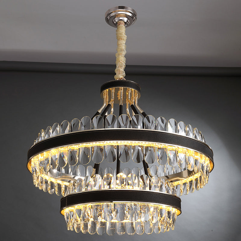 Minimalist Circular LED Chandelier Crystal Living Room Ceiling Pendant Light in Black-Gold Black 19.5"+31.5" Clearhalo 'Ceiling Lights' 'Chandeliers' Lighting' 2618503