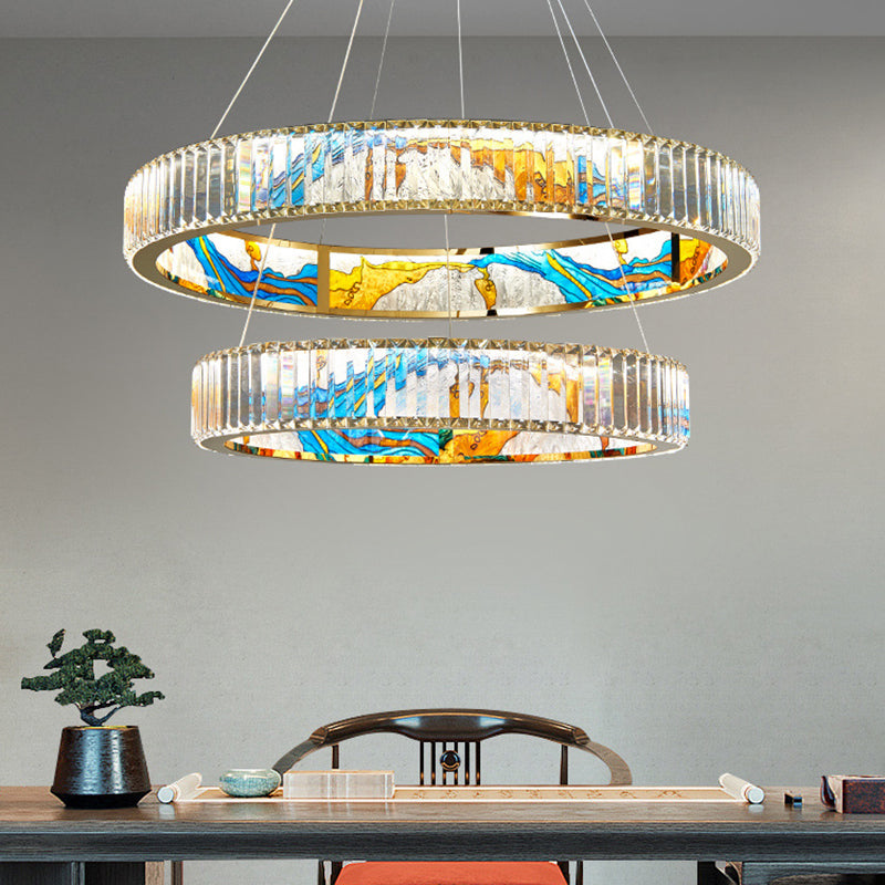 K9 Crystal Ring Shaped Chandelier Novelty Modern Gold LED Pendant Lamp with Abstract Print Clearhalo 'Ceiling Lights' 'Chandeliers' Lighting' 2618541