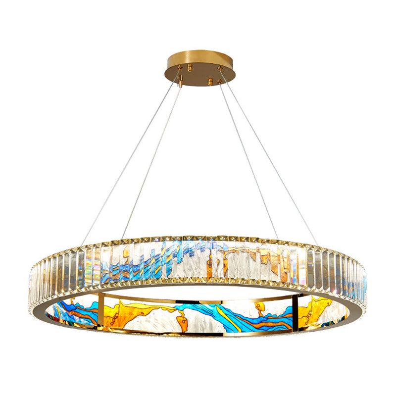 K9 Crystal Ring Shaped Chandelier Novelty Modern Gold LED Pendant Lamp with Abstract Print Clearhalo 'Ceiling Lights' 'Chandeliers' Lighting' 2618546