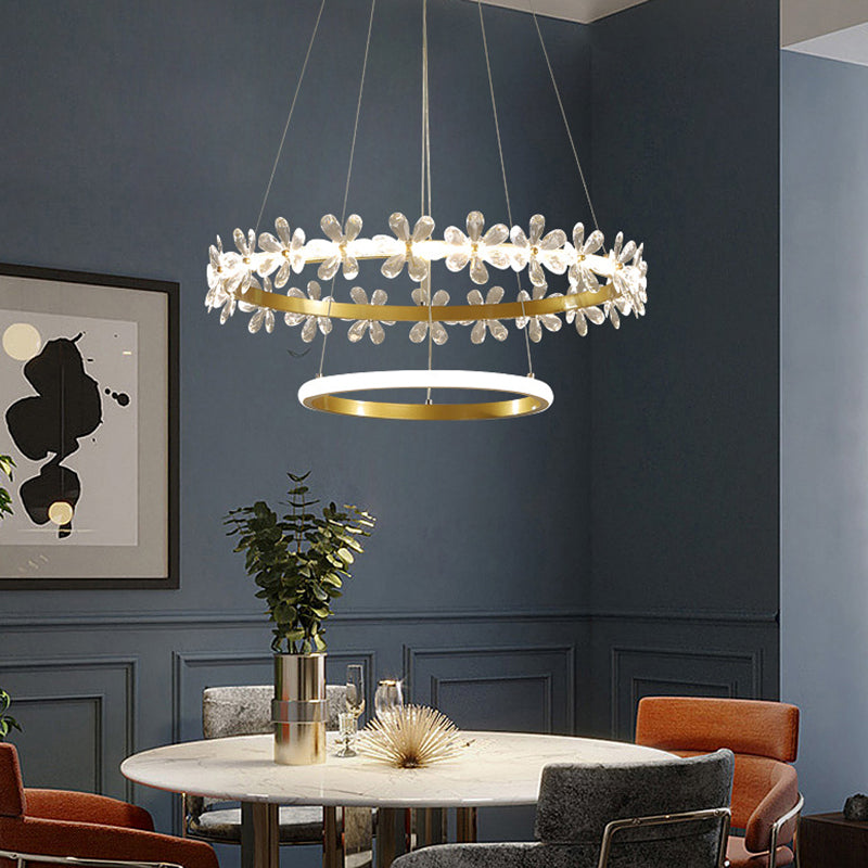 Gold Finish Wreath Pendant Light Minimalist Crystal LED Chandelier with Metal Ring Clearhalo 'Ceiling Lights' 'Chandeliers' Lighting' 2618552