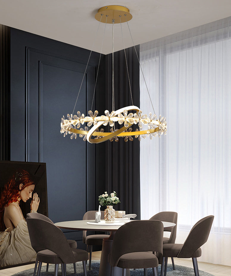 Gold Finish Wreath Pendant Light Minimalist Crystal LED Chandelier with Metal Ring Clearhalo 'Ceiling Lights' 'Chandeliers' Lighting' 2618561